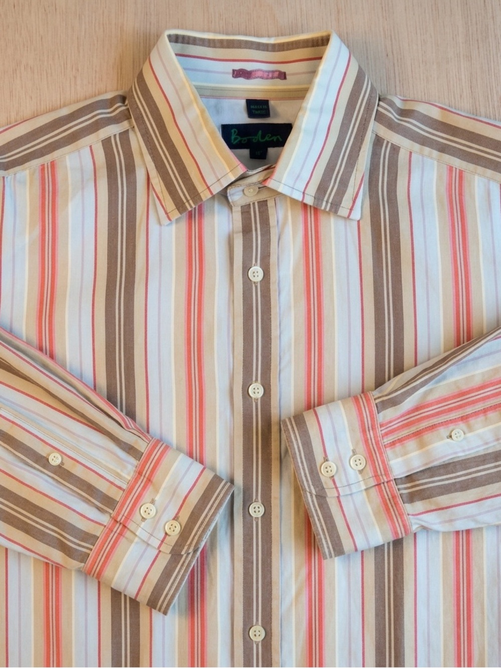 Boden Men’s 100% Cotton Striped Button-Down Shirt Size 16 Tan coral EUC